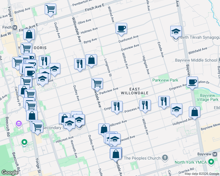 map of restaurants, bars, coffee shops, grocery stores, and more near 216 Parkview Avenue in Toronto