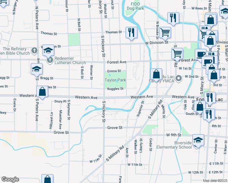 map of restaurants, bars, coffee shops, grocery stores, and more near 374 Ruggles Street in Fond du Lac