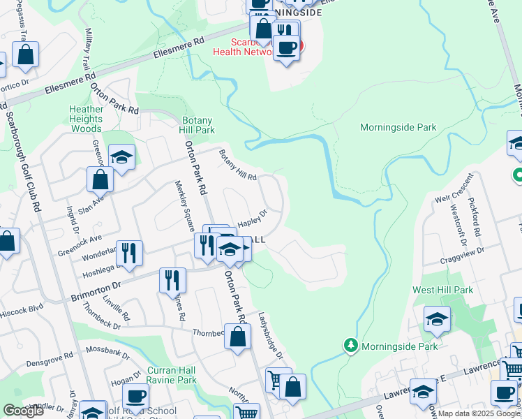 map of restaurants, bars, coffee shops, grocery stores, and more near 24 Hapley Drive in Toronto