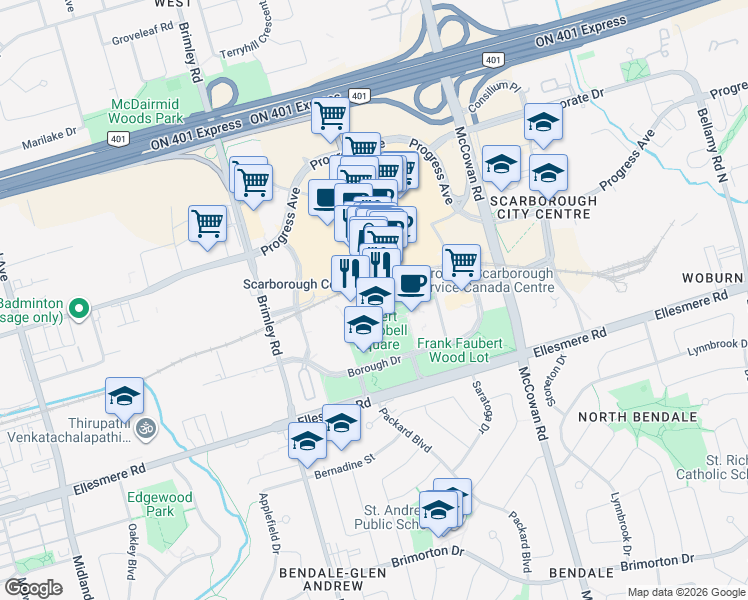 map of restaurants, bars, coffee shops, grocery stores, and more near 60 Brian Harrison Way in Toronto