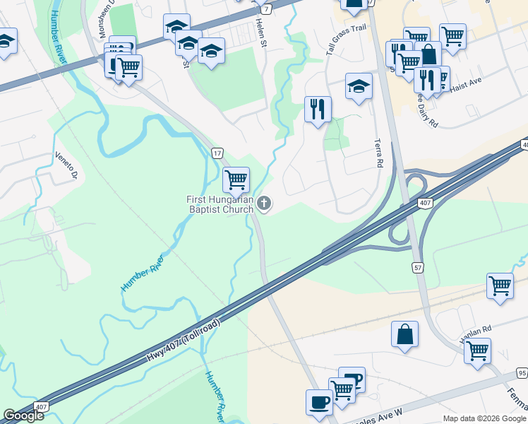 map of restaurants, bars, coffee shops, grocery stores, and more near 7379 Islington Avenue in Vaughan