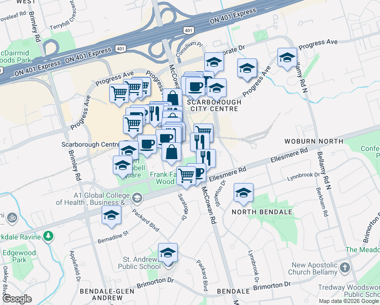 map of restaurants, bars, coffee shops, grocery stores, and more near 61 Town Centre Court in Toronto