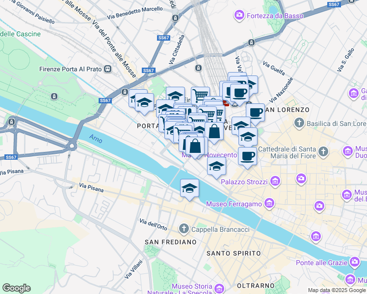 map of restaurants, bars, coffee shops, grocery stores, and more near 128 Borgo Ognissanti in Firenze