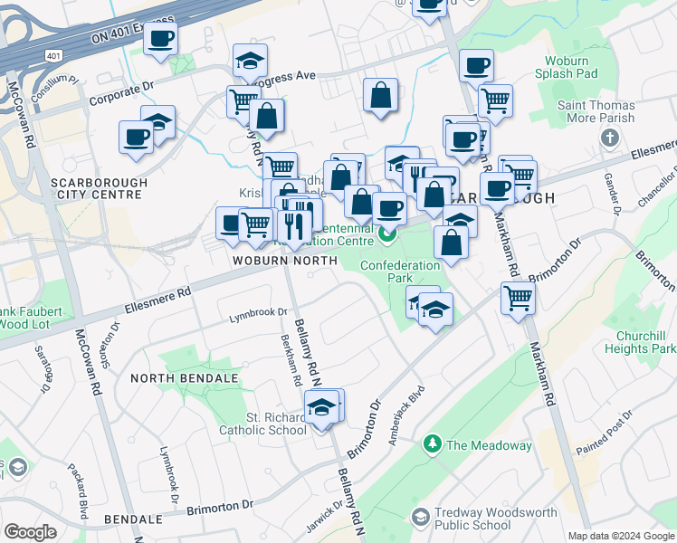 map of restaurants, bars, coffee shops, grocery stores, and more near 1923 Ellesmere Road in Toronto