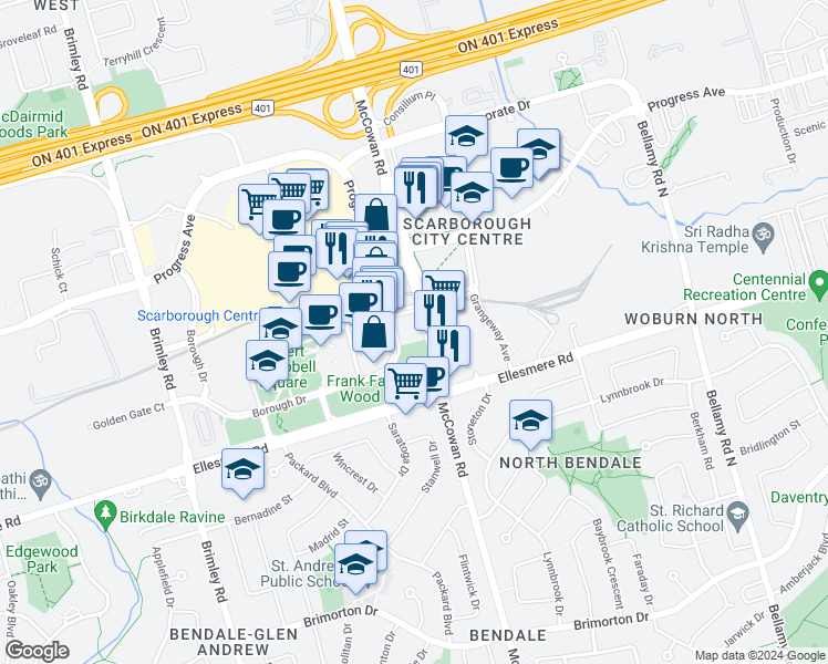 map of restaurants, bars, coffee shops, grocery stores, and more near in Toronto