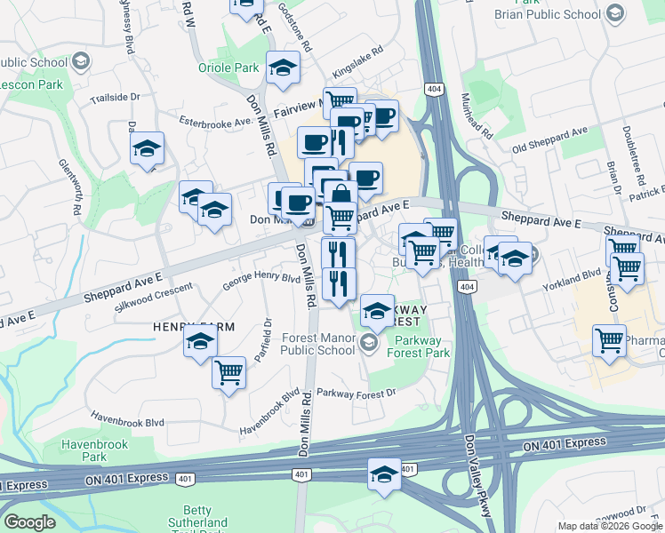 map of restaurants, bars, coffee shops, grocery stores, and more near 62 Forest Manor Road in Toronto