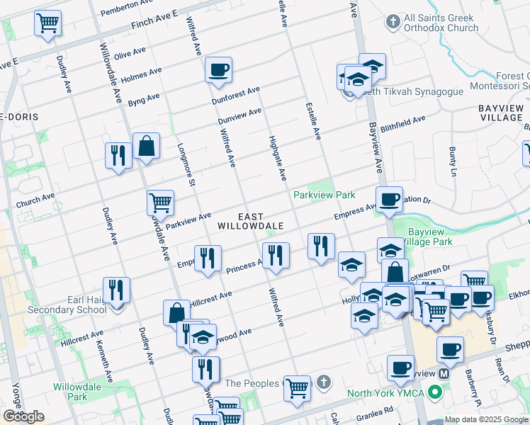 map of restaurants, bars, coffee shops, grocery stores, and more near in Toronto