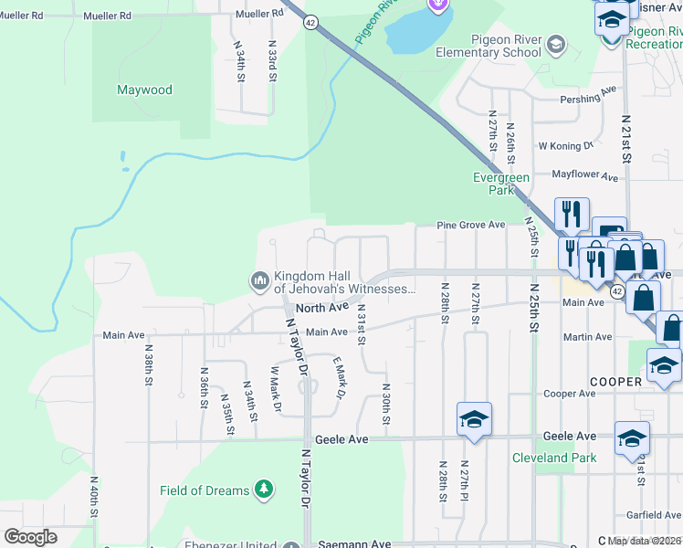 map of restaurants, bars, coffee shops, grocery stores, and more near 2756 North 31st Place in Sheboygan