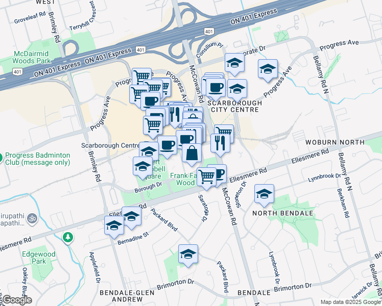 map of restaurants, bars, coffee shops, grocery stores, and more near in Toronto