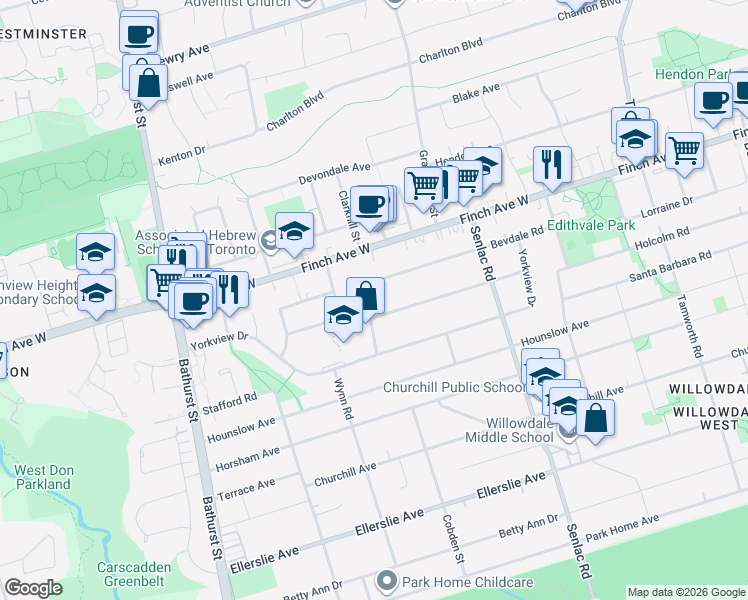 map of restaurants, bars, coffee shops, grocery stores, and more near in Toronto