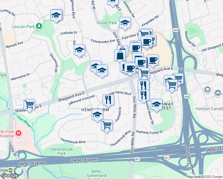 map of restaurants, bars, coffee shops, grocery stores, and more near 90 George Henry Boulevard in Toronto