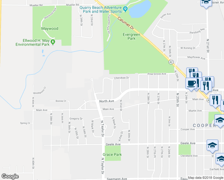 map of restaurants, bars, coffee shops, grocery stores, and more near 2735 North 31st Place in Sheboygan