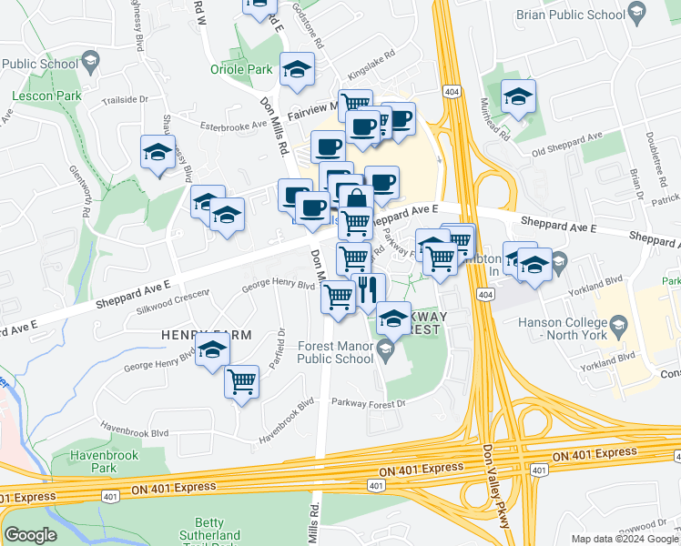map of restaurants, bars, coffee shops, grocery stores, and more near 62 Forest Manor Road in Toronto