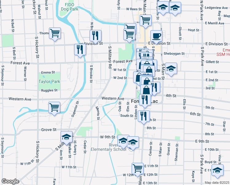 map of restaurants, bars, coffee shops, grocery stores, and more near 101 Western Avenue in Fond du Lac