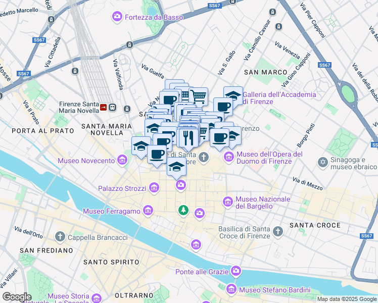 map of restaurants, bars, coffee shops, grocery stores, and more near 45 Borgo San Lorenzo in Florence