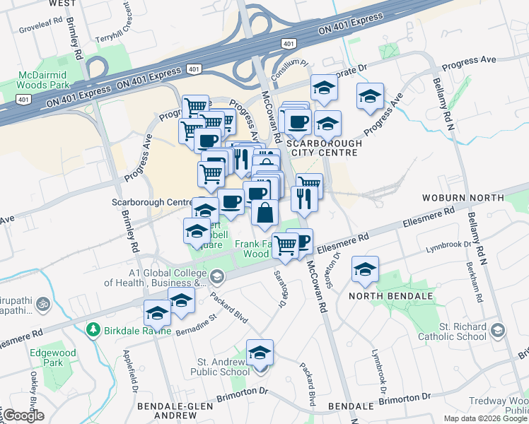 map of restaurants, bars, coffee shops, grocery stores, and more near in Toronto