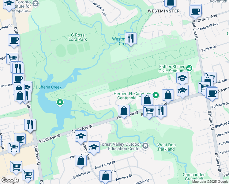 map of restaurants, bars, coffee shops, grocery stores, and more near 40 Henry Welsh Drive in Toronto