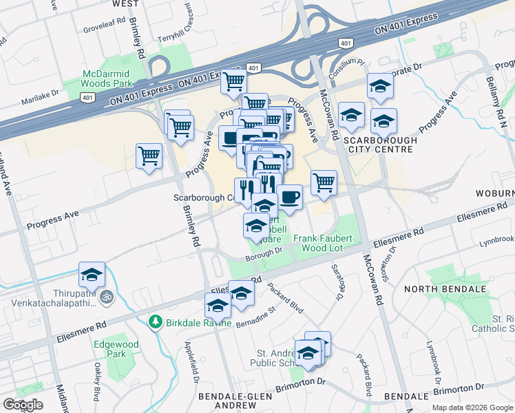 map of restaurants, bars, coffee shops, grocery stores, and more near 60 Brian Harrison Way in Toronto