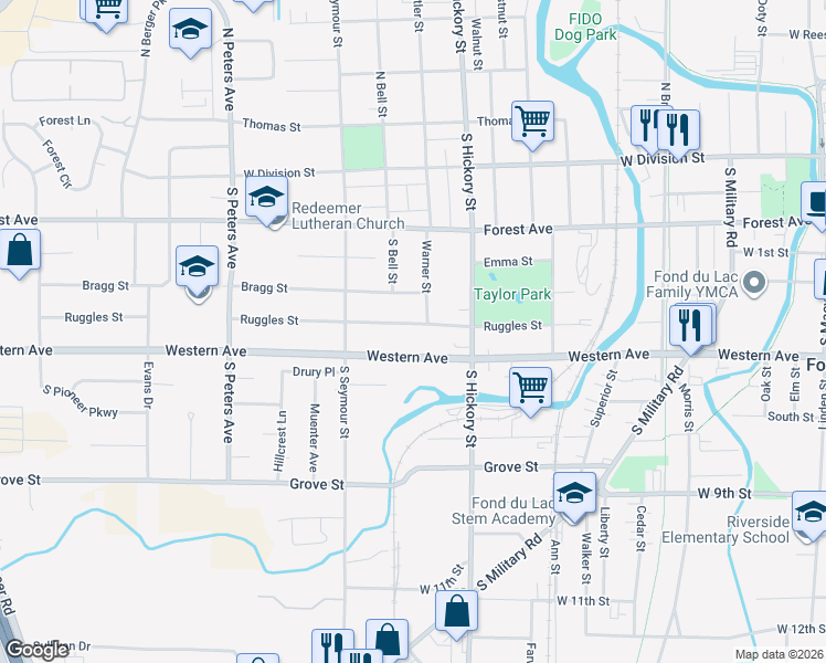 map of restaurants, bars, coffee shops, grocery stores, and more near 156 Warner Street in Fond du Lac