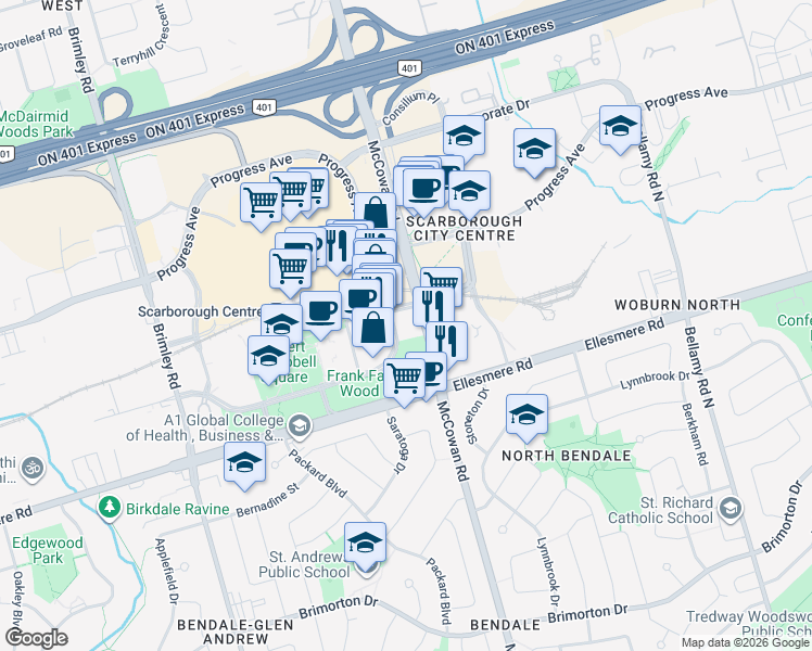 map of restaurants, bars, coffee shops, grocery stores, and more near 61 Town Centre Court in Toronto