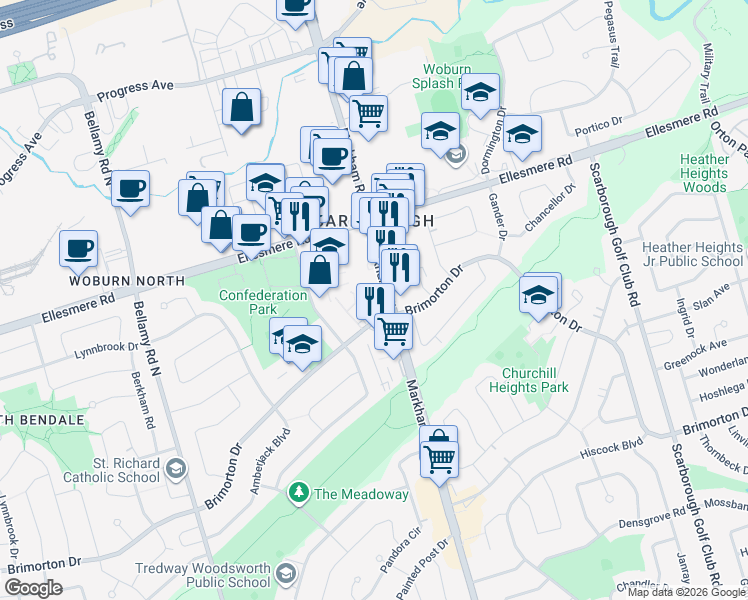 map of restaurants, bars, coffee shops, grocery stores, and more near 1050 Markham Road in Toronto