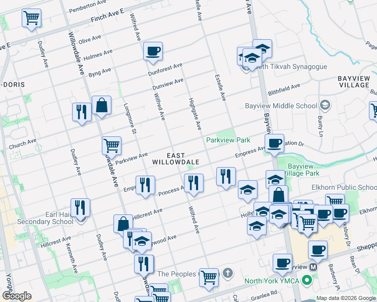 map of restaurants, bars, coffee shops, grocery stores, and more near 278 Kingsdale Avenue in Toronto