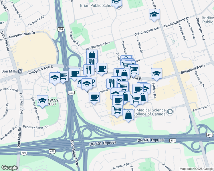 map of restaurants, bars, coffee shops, grocery stores, and more near Smooth Rose Court in Toronto