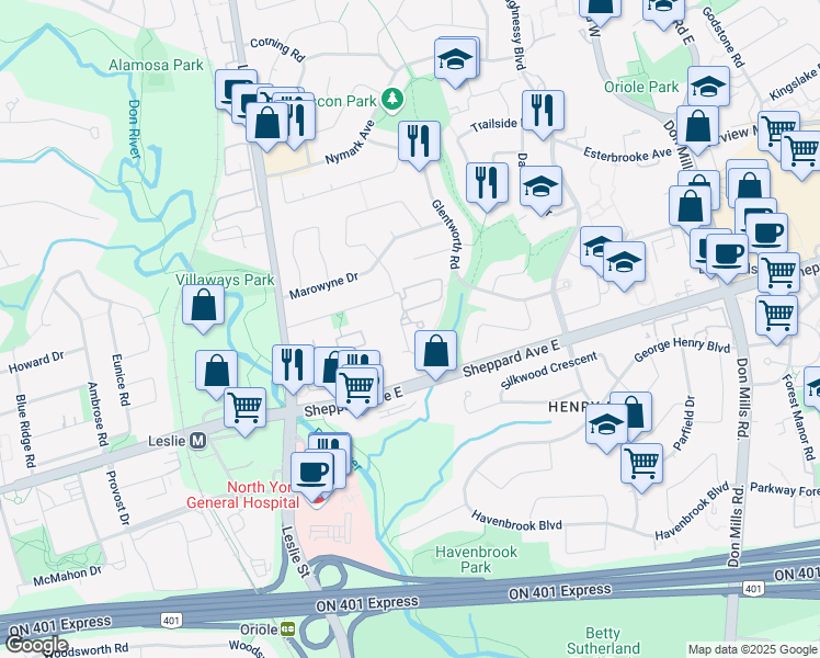 map of restaurants, bars, coffee shops, grocery stores, and more near in Toronto