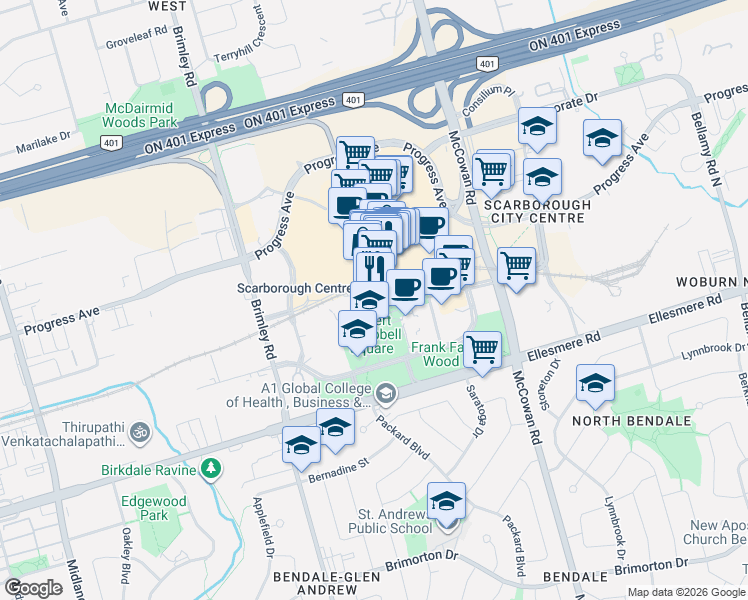 map of restaurants, bars, coffee shops, grocery stores, and more near 60 Brian Harrison Way in Toronto