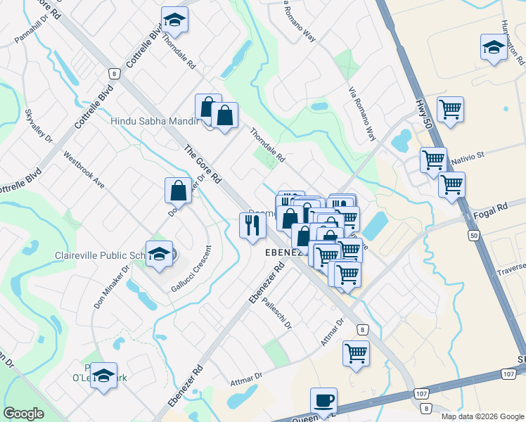 map of restaurants, bars, coffee shops, grocery stores, and more near 39 Kanashiro Street in Brampton