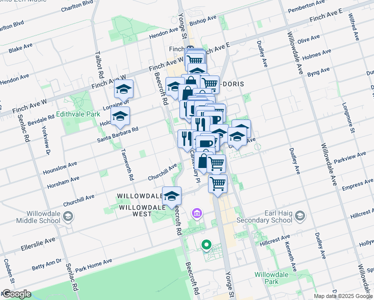map of restaurants, bars, coffee shops, grocery stores, and more near 68 Canterbury Place in Toronto