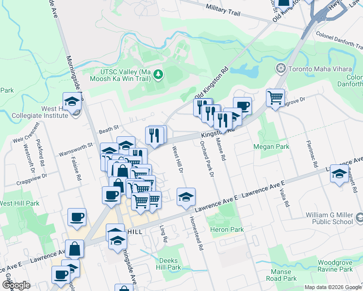 map of restaurants, bars, coffee shops, grocery stores, and more near 4611 Kingston Road in Toronto