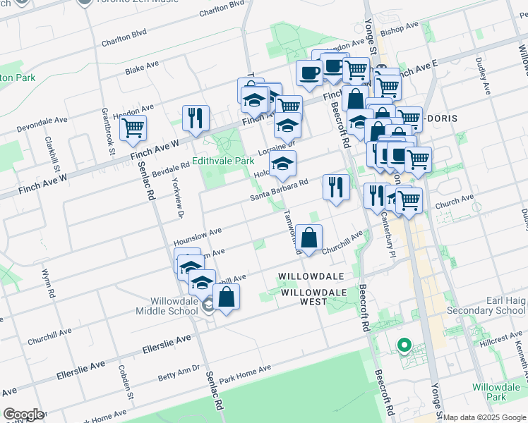 map of restaurants, bars, coffee shops, grocery stores, and more near 168 Hounslow Avenue in Toronto