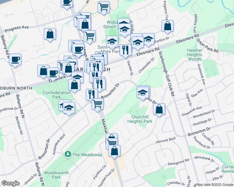 map of restaurants, bars, coffee shops, grocery stores, and more near 54 Peace Drive in Toronto