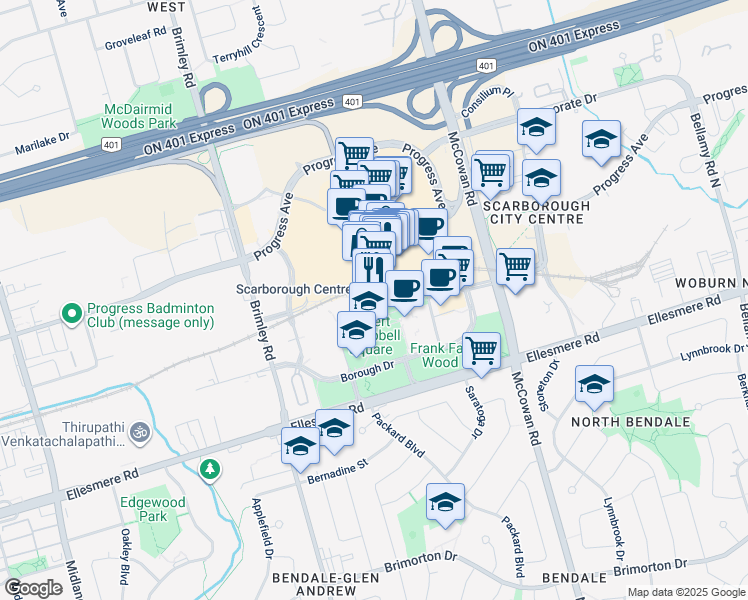 map of restaurants, bars, coffee shops, grocery stores, and more near 60 Brian Harrison Way in Toronto