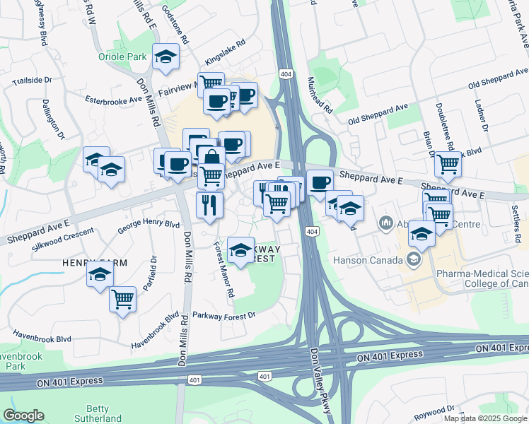 map of restaurants, bars, coffee shops, grocery stores, and more near 106 Parkway Forest Drive in Toronto