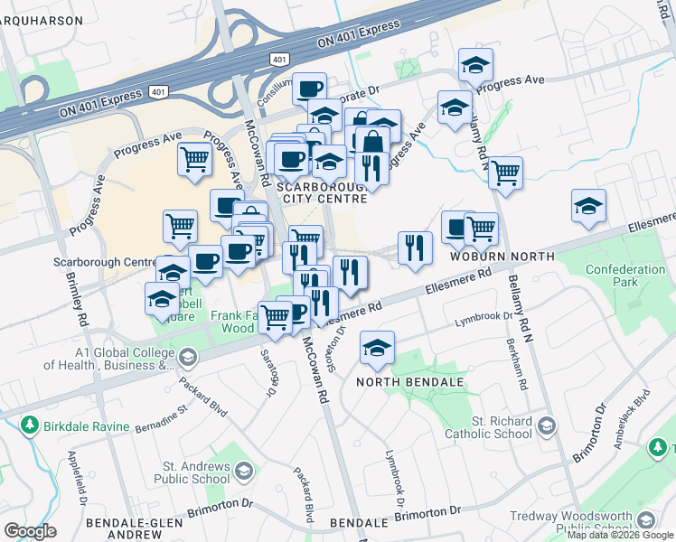 map of restaurants, bars, coffee shops, grocery stores, and more near 88 Grangeway Avenue in Toronto