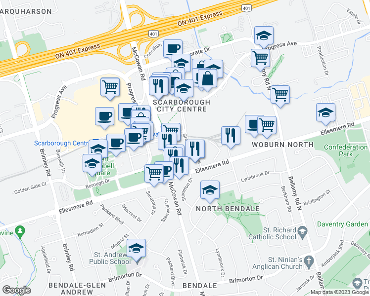 map of restaurants, bars, coffee shops, grocery stores, and more near 301-111 Grangeway Avenue in Toronto