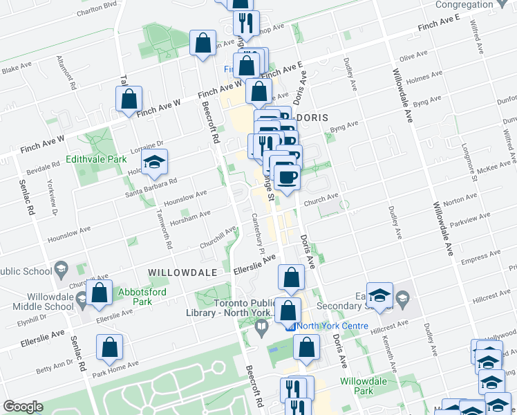map of restaurants, bars, coffee shops, grocery stores, and more near in Toronto