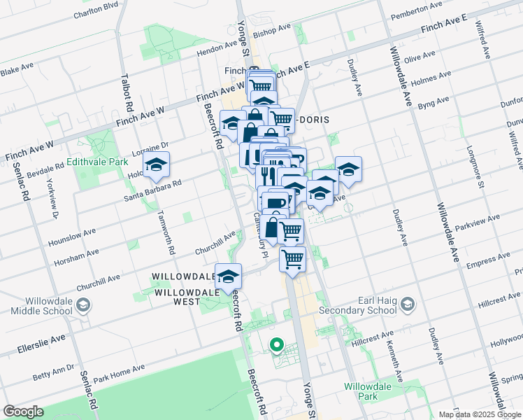 map of restaurants, bars, coffee shops, grocery stores, and more near 75 Canterbury Place in Toronto