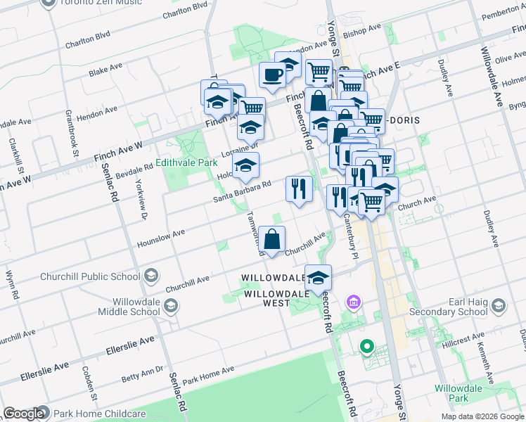 map of restaurants, bars, coffee shops, grocery stores, and more near 121 Hounslow Avenue in Toronto