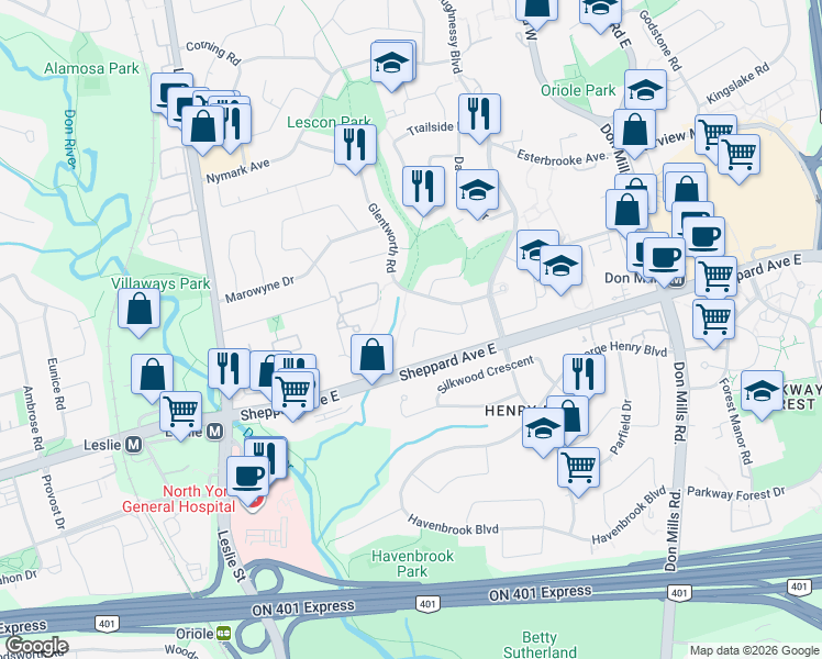 map of restaurants, bars, coffee shops, grocery stores, and more near 12 Longhope Place in Toronto