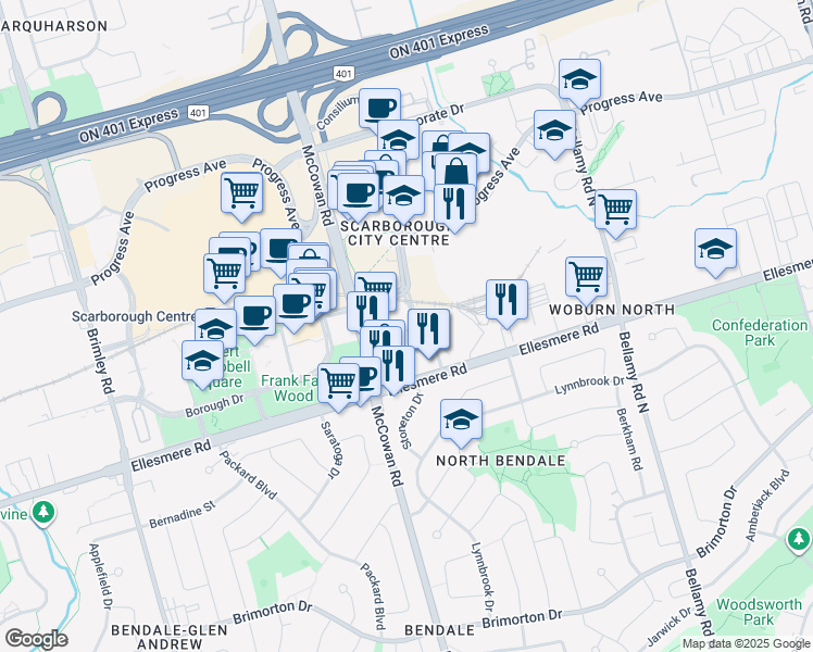 map of restaurants, bars, coffee shops, grocery stores, and more near in Toronto