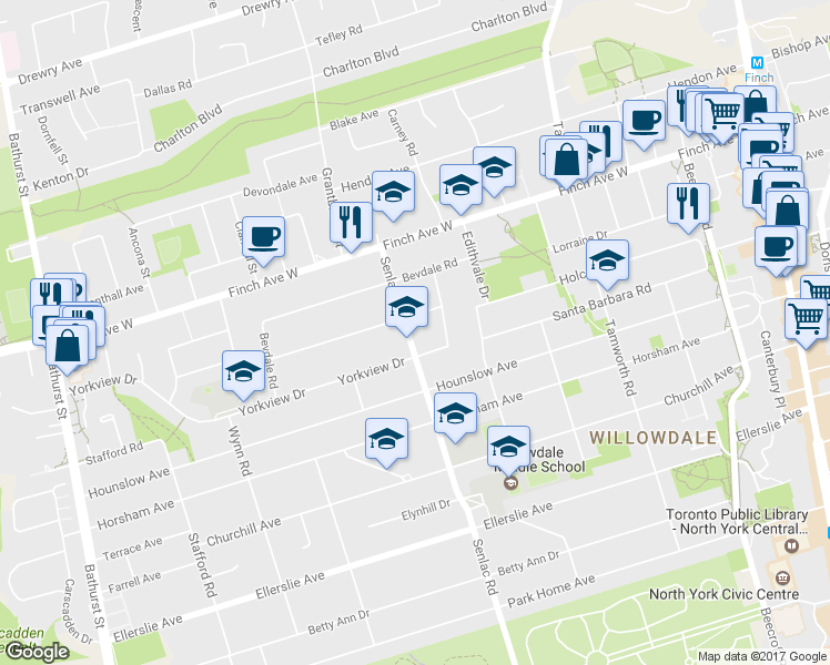 map of restaurants, bars, coffee shops, grocery stores, and more near in Toronto