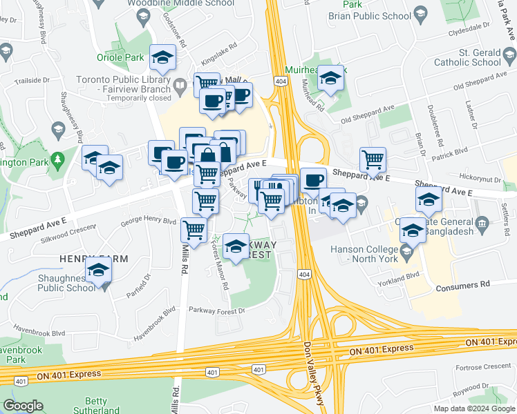 map of restaurants, bars, coffee shops, grocery stores, and more near 106 Parkway Forest Drive in Toronto