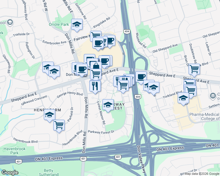 map of restaurants, bars, coffee shops, grocery stores, and more near 110 Parkway Forest Drive in Toronto