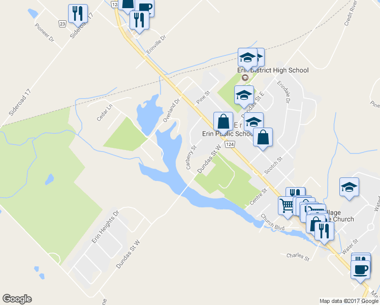 map of restaurants, bars, coffee shops, grocery stores, and more near 16 Carberry Road in Erin