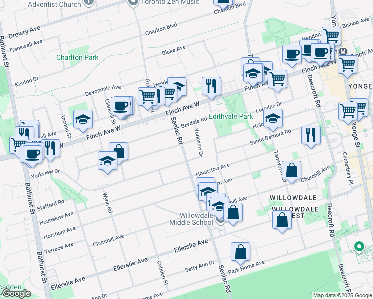 map of restaurants, bars, coffee shops, grocery stores, and more near in Toronto