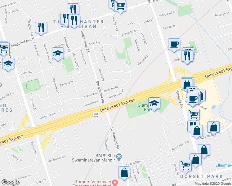 map of restaurants, bars, coffee shops, grocery stores, and more near 42 Pender Crescent in Toronto