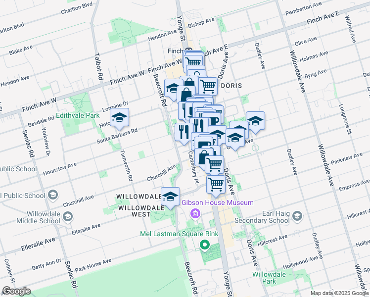 map of restaurants, bars, coffee shops, grocery stores, and more near 68 Canterbury Place in Toronto